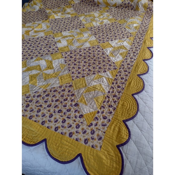 Handmade Other - Vtg 30s WINDMILL QUILT Purple Yellow Floral Calico Scalloped Border Hand Quilted